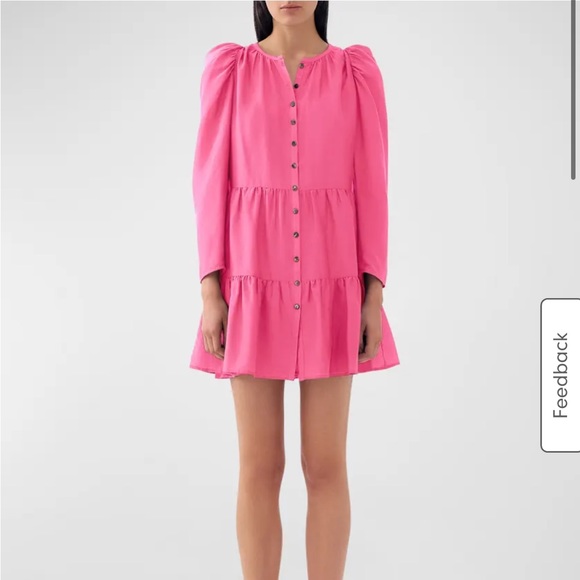 Bird & Knoll Pink Milou Silk Mandarin-Collar Tiered Mini Dress Sz L - Picture 1 of 6